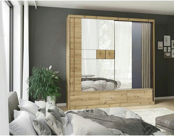 Dulap cu oglinda si sertare CANADA CA2-200, stejar artisan/gri grafit
