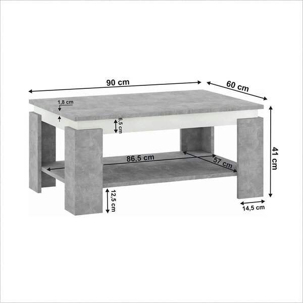 Masuta cafea PIANI, gri beton/alb, 90x60x41 cm