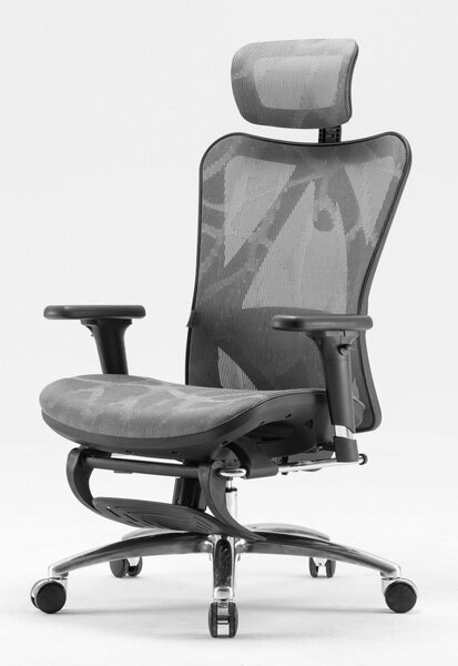 Scaun ergonomic SIHOO, pivotant, suport lombar, tetiera, cotiera, reglabile, reglare pe inaltime, mecanism inclinare/blocare in 3 pozitii, suport picioare, Mesh, Gri/Negru