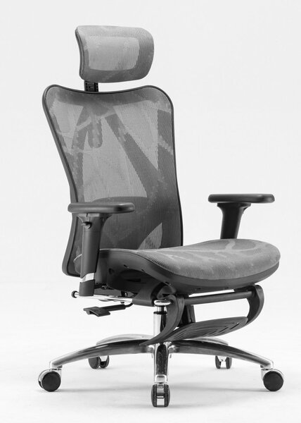 Scaun ergonomic SIHOO, pivotant, suport lombar, tetiera, cotiera, reglabile, reglare pe inaltime, mecanism inclinare/blocare in 3 pozitii, suport picioare, Mesh, Gri/Negru