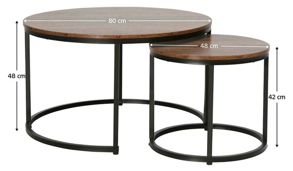 Set 2 masute cafea CIRKO, negru/nuc, DTD laminat/metal
