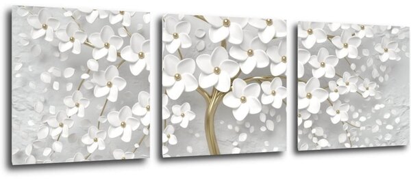 Impresi Tablou White tree with flowers - 90 x 30 cm (3-piese)