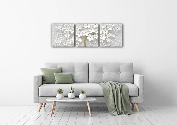 Impresi Tablou White tree with flowers - 90 x 30 cm (3-piese)