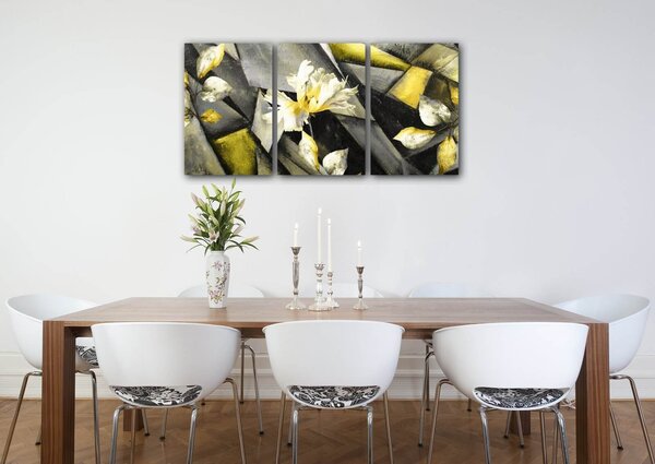 Impresi Tablou Grey and yellow abstract with flower - 120 x 60 cm (3-piese)