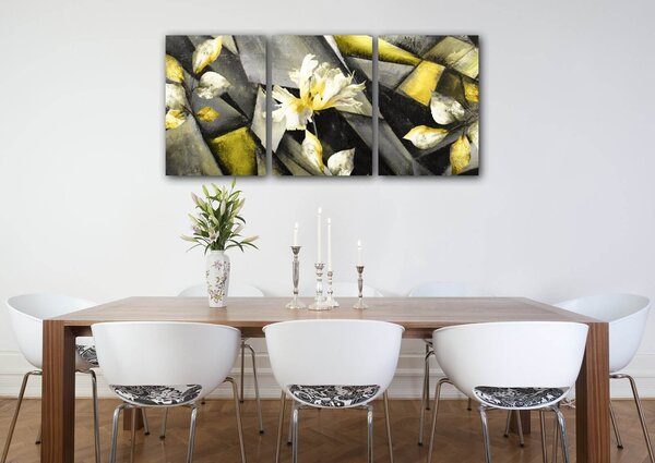 Impresi Tablou Grey and yellow abstract with flower - 150 x 70 cm (3-piese)