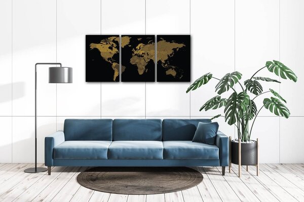 Impresi Tablou World map golden black - 150 x 70 cm (3-piese)