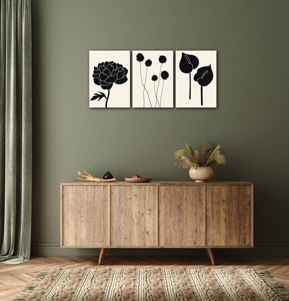 Impresi Tablou Black flowers on background - 150 x 70 cm (3-piese)