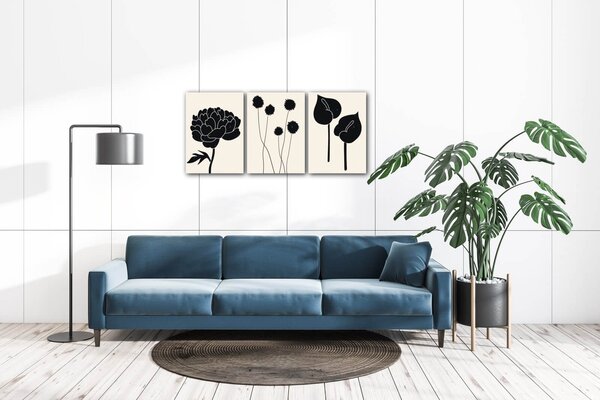 Impresi Tablou Black flowers on background - 150 x 70 cm (3-piese)