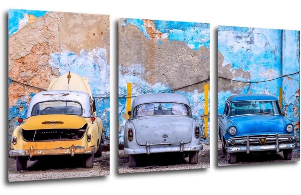 Impresi Tablou Old blue cars - 120 x 60 cm (3-piese)