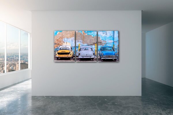 Impresi Tablou Old blue cars - 120 x 60 cm (3-piese)