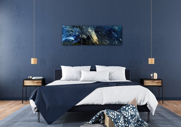 Impresi Tablou Dark blue gold abstrakt - 90 x 30 cm (3-piese)