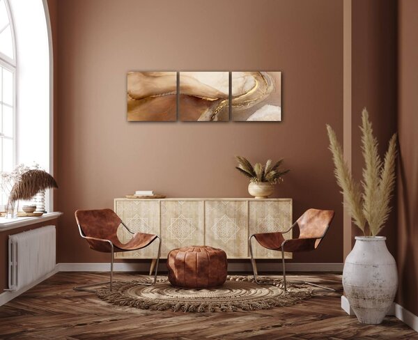 Impresi Tablou Golden Beige Fluid - 90 x 30 cm (3-piese)