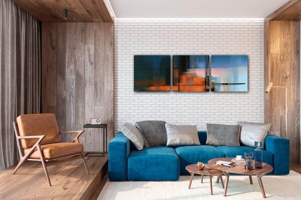 Impresi Tablou Abstract design blue - 90 x 30 cm (3-piese)