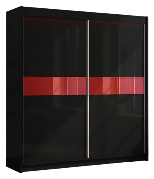 Dulap cu uși glisante ALEXA + Amortizor, negru/sticlă roșie, 200x216x61