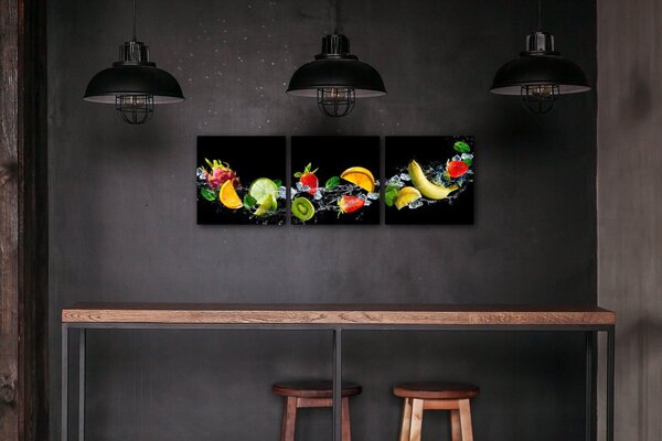 Impresi Tablou Fruit black background - 90 x 30 cm (3-piese)