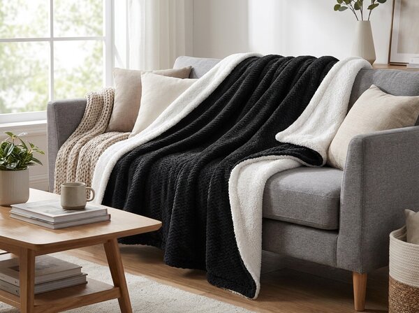 Patura imitatie de miel VELVORA, neagra Dimensiuni: 150 x 200 cm