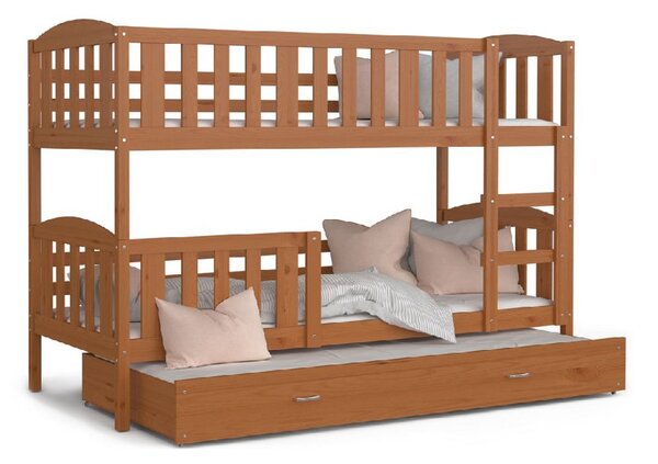 Pat supraetajat copii cu pat suplimentar KUBA 3 + saltea + somieră GRATIS, lemn masiv, 190x80, anin