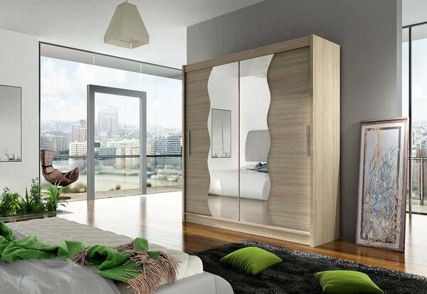 Dulap dormitor cu uşi glisante CARLA X cu oglindă, 180x215x57, Sonoma