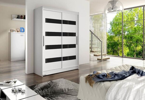 Dulap dormitor cu uşi glisante STAWEN IV, 150x200x58, alb/negru luciu