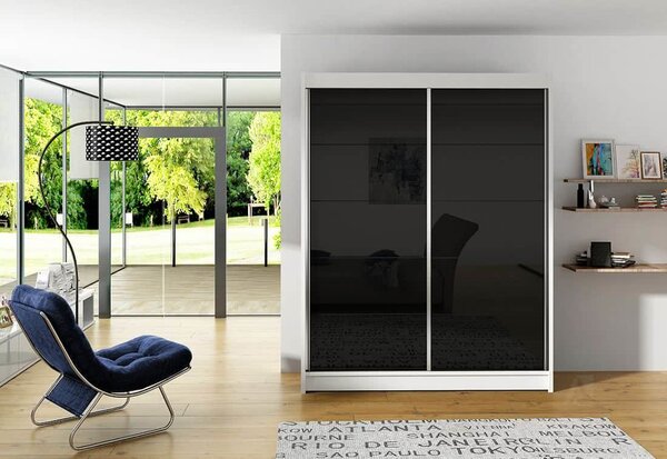 Dulap dormitor cu uși glisante ROTE I, 150x200x58, alb/negru luciu