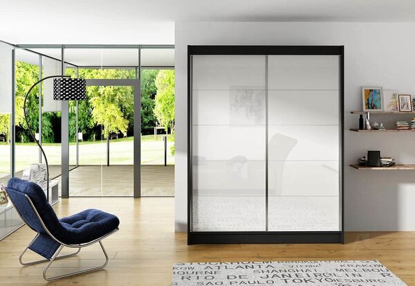 Dulap dormitor cu uşi glisante ROTE I, 150x200x58, negru/alb luciu