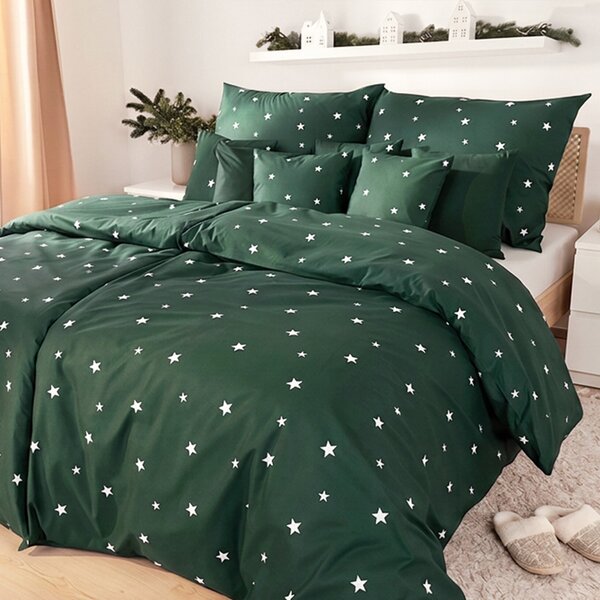 Goldea lenjerie de crăciun de pat 100% bumbac - steluțe pe verde închis 140 x 200 și 50 x 70 cm