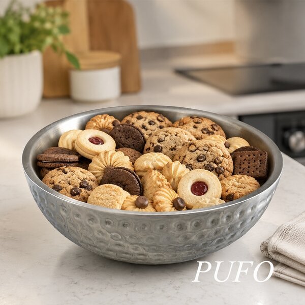 Bol Pufo din inox cu pereti dubli pentru servire fructe, salata si gustari- accesoriu modern pentru servire, 25 cm