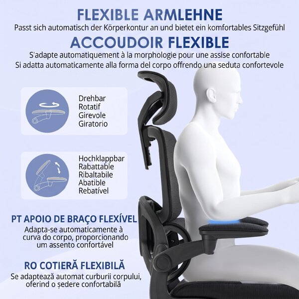 Vinsetto Scaun Ergonomic de Birou cu Spătar Reglabil Tetieră Cotiere Suport Lombar Funcție de Rotire Negru | Aosom Romania