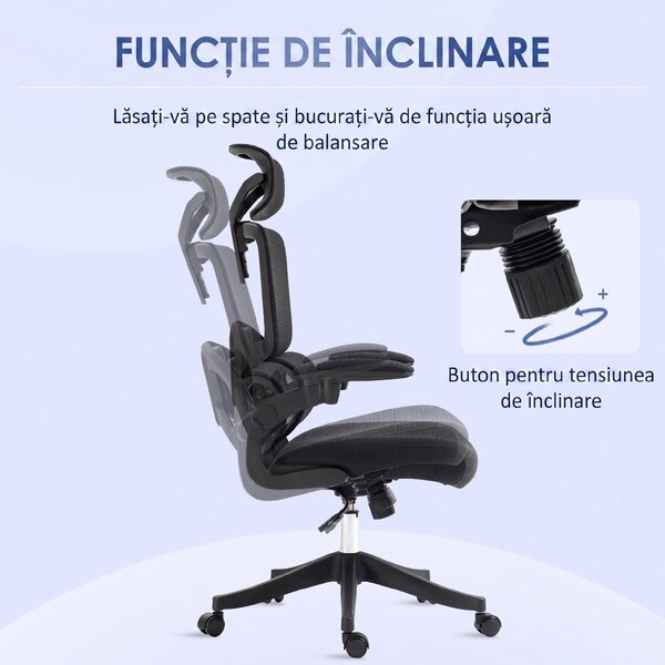 Vinsetto Scaun Ergonomic de Birou cu Spătar Reglabil Tetieră Cotiere Suport Lombar Funcție de Rotire Negru | Aosom Romania