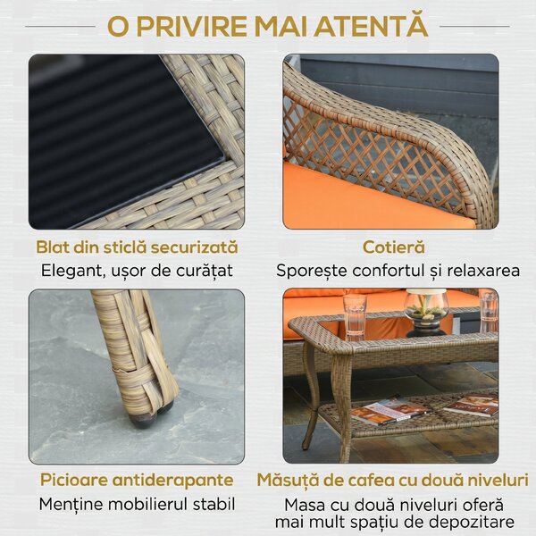 Set Mobilier de Gradina Outsunny, Ratan PE, 2 fotolii si Masa cu Perne, Kaki, Portocaliu | Aosom Romania