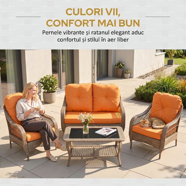 Set Mobilier de Gradina Outsunny, Ratan PE, 2 fotolii si Masa cu Perne, Kaki, Portocaliu | Aosom Romania