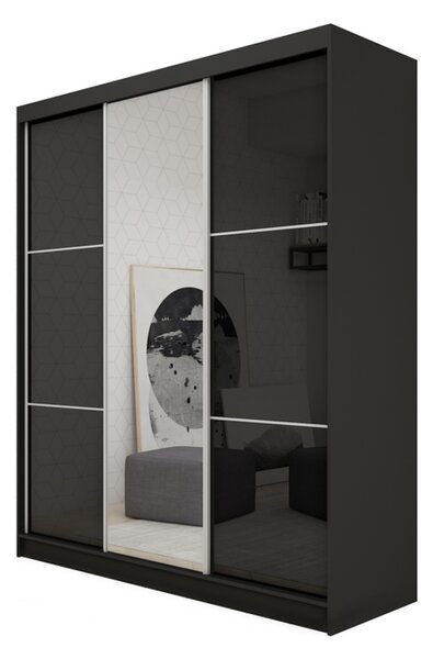Dulap cu uși glisante și oglindă BIBIANA, negru, 180x216x61