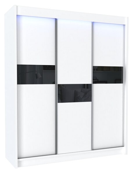Dulap cu uși glisante ADRIANA, 180x216x61, alb/sticlă neagră