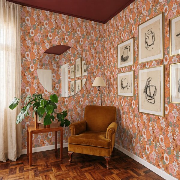Tapet Model floral luminos în nuanțe calde de portocaliu, Tapet flori, a01269v1 : Uwalls.ro