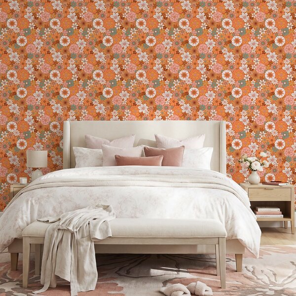 Tapet Model floral luminos în nuanțe calde de portocaliu, Tapet flori, a01269v1 : Uwalls.ro