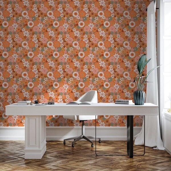 Tapet Model floral luminos în nuanțe calde de portocaliu, Tapet flori, a01269v1 : Uwalls.ro