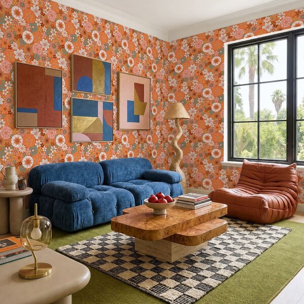 Tapet Model floral luminos în nuanțe calde de portocaliu, Tapet flori, a01269v1 : Uwalls.ro