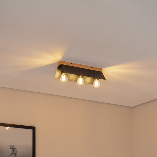 Lamkur Plafonieră Esme, negru, lungime 40 cm, metal/lemn, 3 becuri., reglabil, Negru, Camera de zi / sufragerie, Metal, Modern, Plafon cu flacără multiplă
