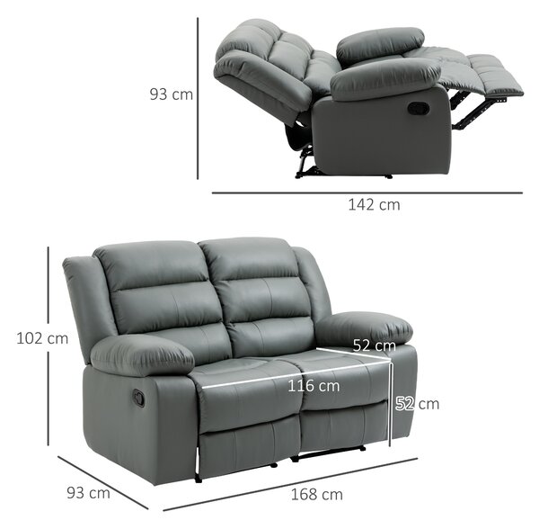 HOMCOM Canapea 2 Locuri Confortabilă, Reclinabilă 135°, Tapitată, cu Spătar Despicat și Suport Picior, Gri | Aosom Romania