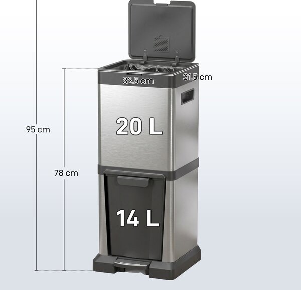 HOMCOM Coș de gunoi pentru colectare selectivă, 2 compartimente 20+14 L, cu recipiente interioare detașabile, din oțel inoxidabil și PP, argintiu | Aosom Romania