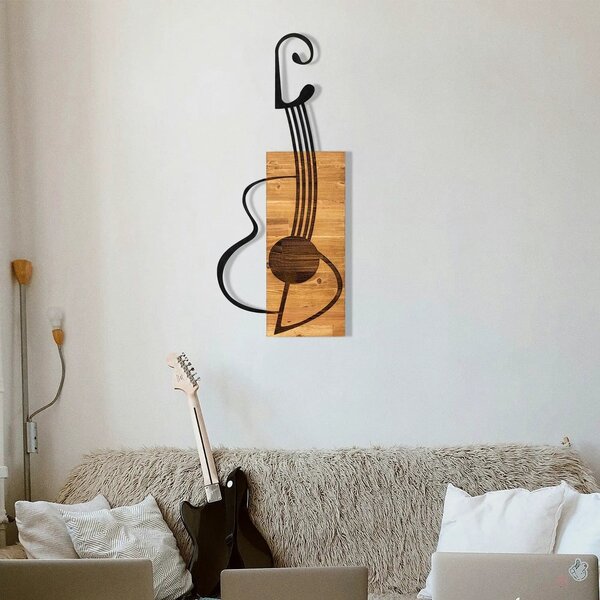 Decoratiune perete GITAR, stejar/negru, metal/lemn, 39x3x93 cm