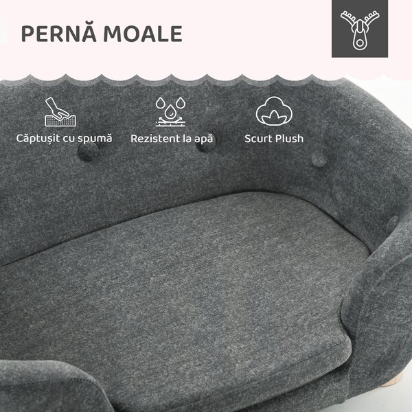 PawHut Canapea pentru Câini de Talie Mică, Culcuș de Interior cu Pernă Lavabilă, Design Modern, 70x47x30cm, Gri Antracit | Aosom Romania