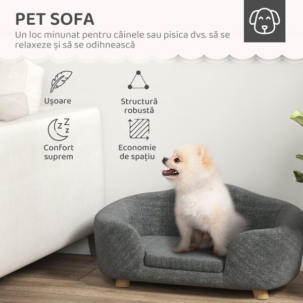 PawHut Canapea pentru Câini de Talie Mică, Culcuș de Interior cu Pernă Lavabilă, Design Modern, 70x47x30cm, Gri Antracit | Aosom Romania