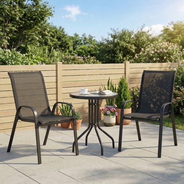 Outsunny Set Mobilier de Grădină din 3 Piese cu Scaune Suprapozabile și Masă din Sticlă, 54x71x93 cm, Gri Închis | Aosom Romania