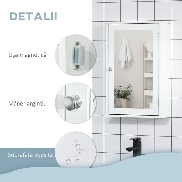 Kleankin Dulap de Baie cu Oglindă – Dulap cu Oglindă – Dulap pentru WC – 1 Ușă, 2 Rafturi – MDF Alb și Sticlă | Aosom Romania