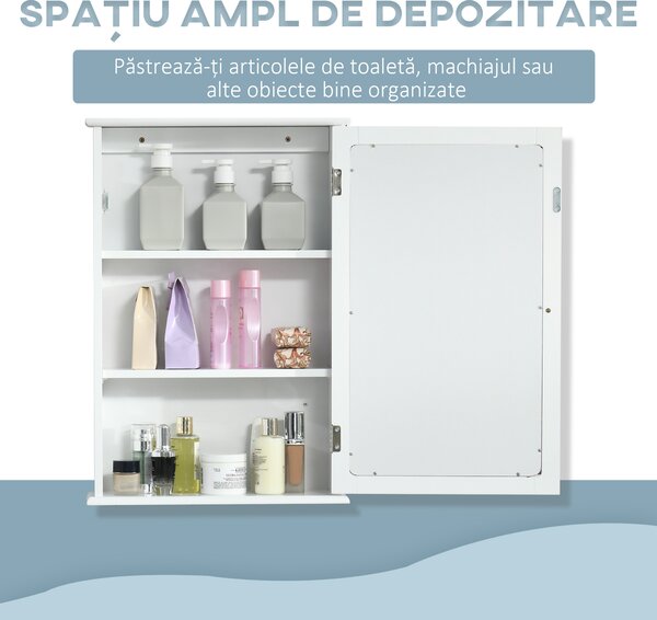 Kleankin Dulap de Baie cu Oglindă – Dulap cu Oglindă – Dulap pentru WC – 1 Ușă, 2 Rafturi – MDF Alb și Sticlă | Aosom Romania
