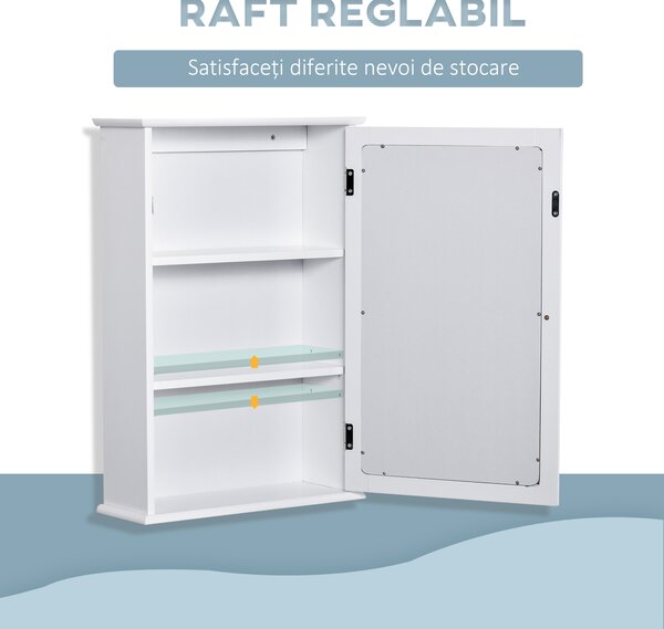 Kleankin Dulap de Baie cu Oglindă – Dulap cu Oglindă – Dulap pentru WC – 1 Ușă, 2 Rafturi – MDF Alb și Sticlă | Aosom Romania