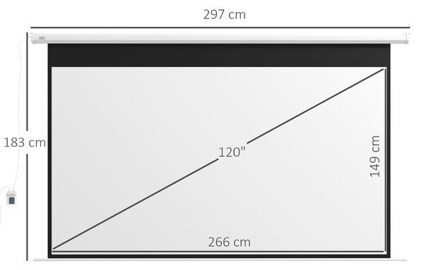 HOMCOM Ecran Proiector 120", Motorizat cu Telecomandă, Montaj pe Perete sau Tavan, Ideal pentru Acasă și Birou, 293,5x8x176 cm, Alb | Aosom Romania