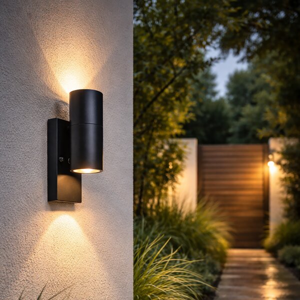 Lampă de perete exterioară neagră cu 2 lumini IP44 cu senzor de întuneric - Duo