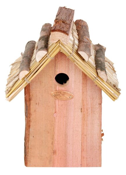 Căsuță din lemn de pin și acoperiș din paie pentru păsări Esschert Design Antik, înălțime 27 cm